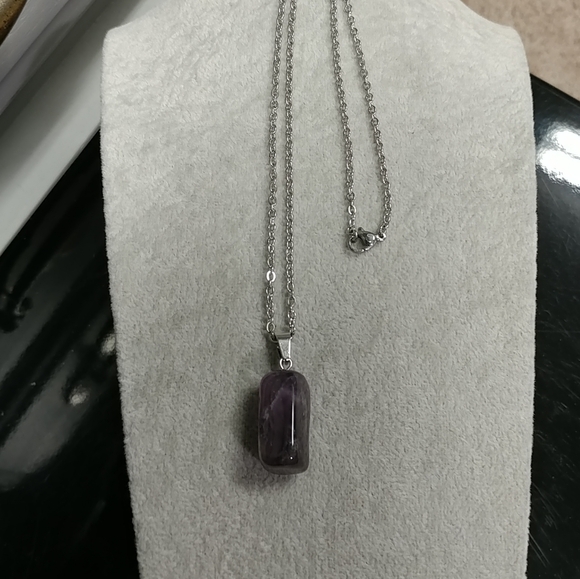 Amethyst Necklace Natural Gemstone Crystal Pendant Stainless-Steel Chain Purple - Picture 7 of 17